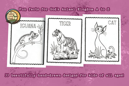 Did You Know? Animal Coloring Book Adventure Park. Christian Educational Coloring Book for Boys and Girls of all ages. Illustrated by Nathalie Lesage of Faithful Living Home. Iguana, Tiger and Cat coloring page examples. Gifts For Children. God's Animal Kingdom.