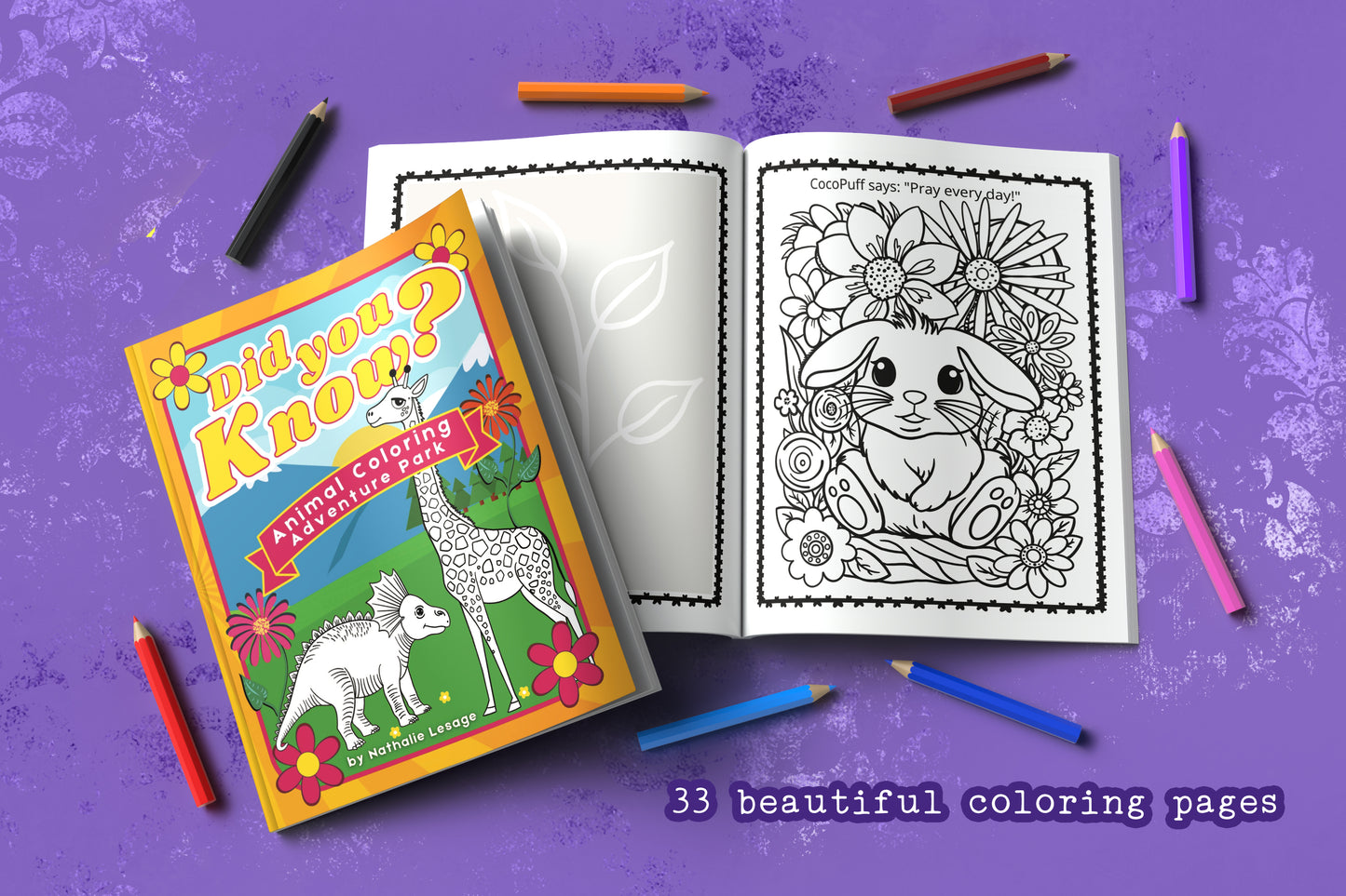 Did You Know? Animal Coloring Book Adventure Park. Christian Educational Coloring Book for Boys and Girls of all ages. Illustrated by Nathalie Lesage of Faithful Living Home. Front Cover View with Open Book on CocoPuff Pray Every Day Page With Flowers. Gifts For Children. God's Animal Kingdom.