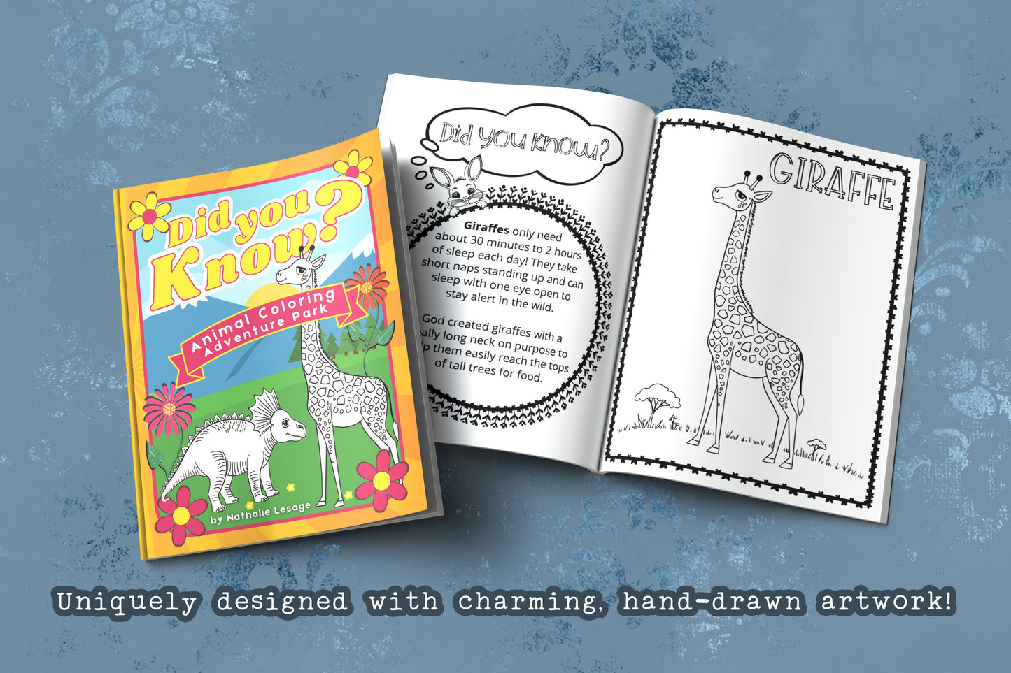 Did You Know? Animal Coloring Book Adventure Park. Christian Educational Coloring Book for Boys and Girls of all ages. Illustrated by Nathalie Lesage of Faithful Living Home. Front Cover View with Open Book View on the Giraffe page. Gifts For Children. God's Animal Kingdom.